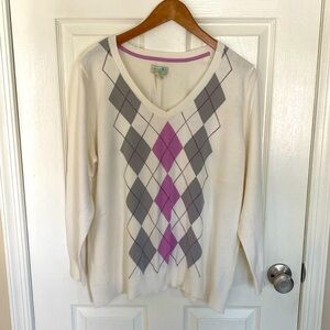 Caribbean Joe Island Supply Sweater 1x xl 100% cotton V-neck Argyle